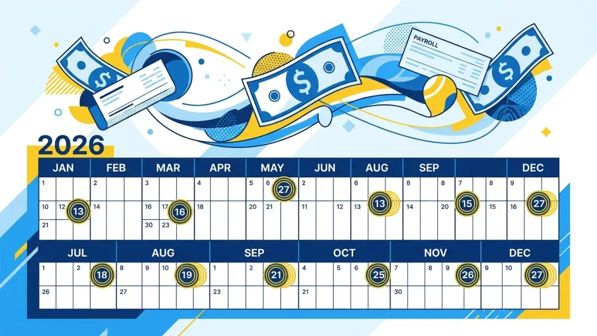 Calendar showing 27 biweekly paycheck dates across 2026