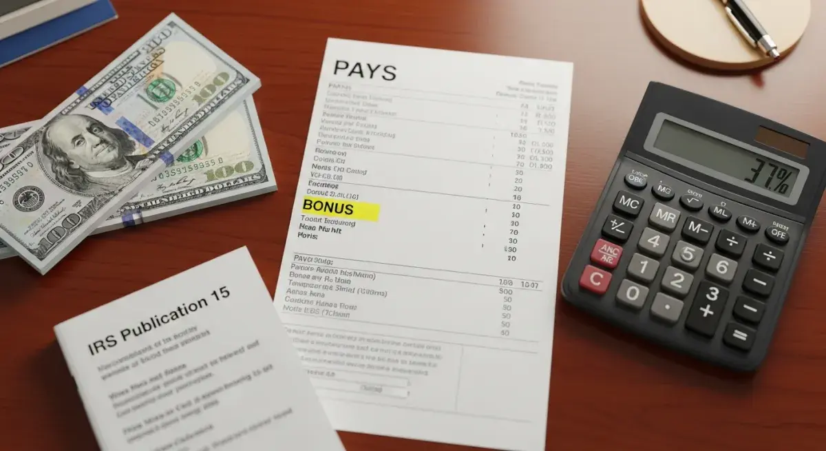 Executive desk with a bonus paystub, calculator showing 37 percent, stack of hundred-dollar bills, and IRS Publication 15 booklet