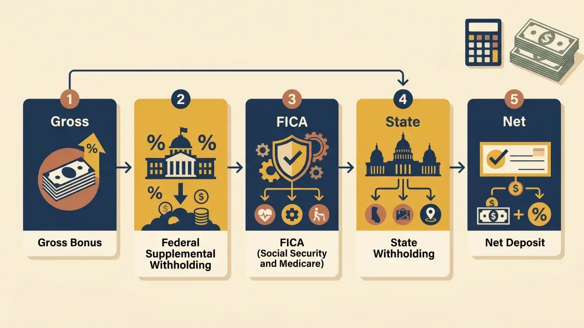 Step-by-step flowchart from gross bonus through federal supplemental withholding, FICA, and state tax to net deposit, with a calculator and dollar bills