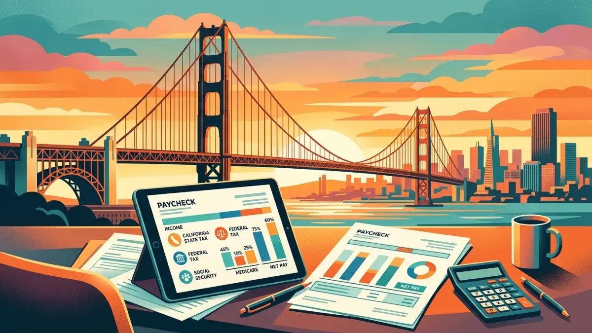 California take-home pay breakdown with Golden Gate Bridge and paycheck stub