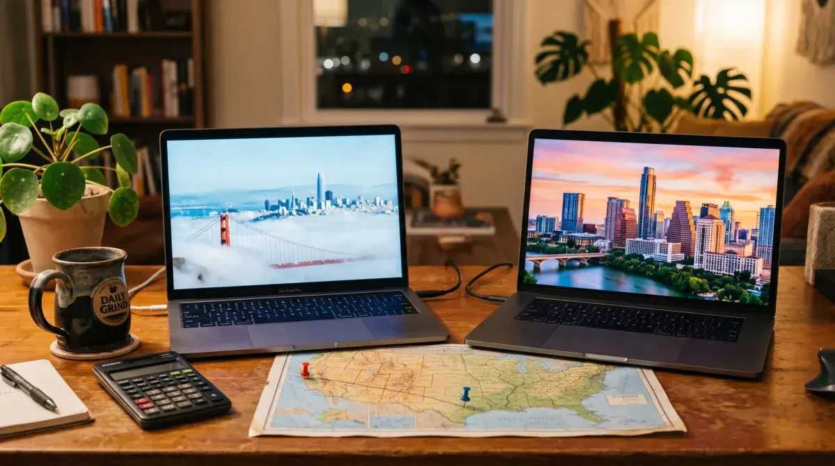 Two laptops side by side showing San Francisco and Austin skylines, a paper map with pushpins between them, a coffee mug, and a calculator