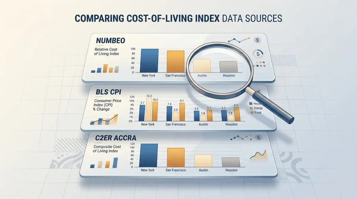 Three stacked dashboard panels labeled C2ER ACCRA, BLS CPI, and Numbeo showing cost-of-living bar charts for New York, San Francisco, Austin, and Houston with a magnifying glass hovering over them