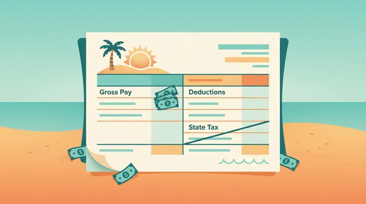 Florida take-home pay breakdown with palm trees and paycheck stub