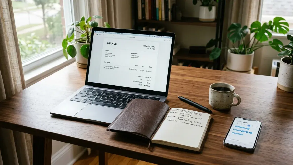 Freelance contractor reviewing day-rate invoice on a laptop next to a notebook of hourly time entries