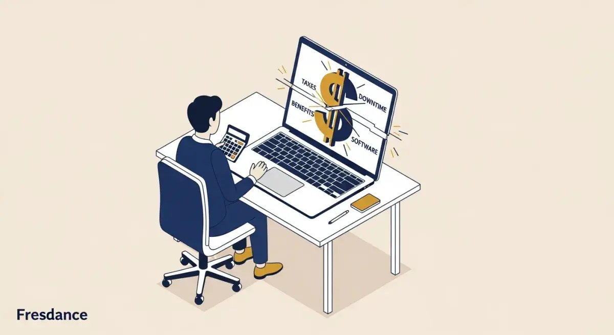 Illustration of a freelance hourly rate split into taxes, downtime, benefits, and net pay