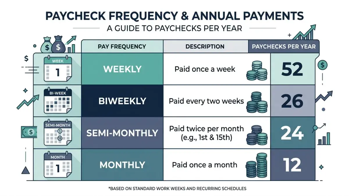 Reference table of paychecks per year by pay frequency: weekly 52, biweekly 26, semi-monthly 24, monthly 12