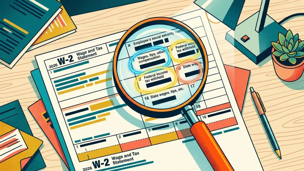W-2 wage statement with highlighted boxes and magnifying glass