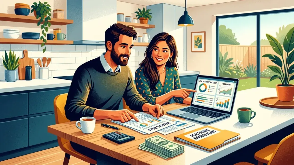 Dual-income couple reviewing HSA and FSA options at kitchen table