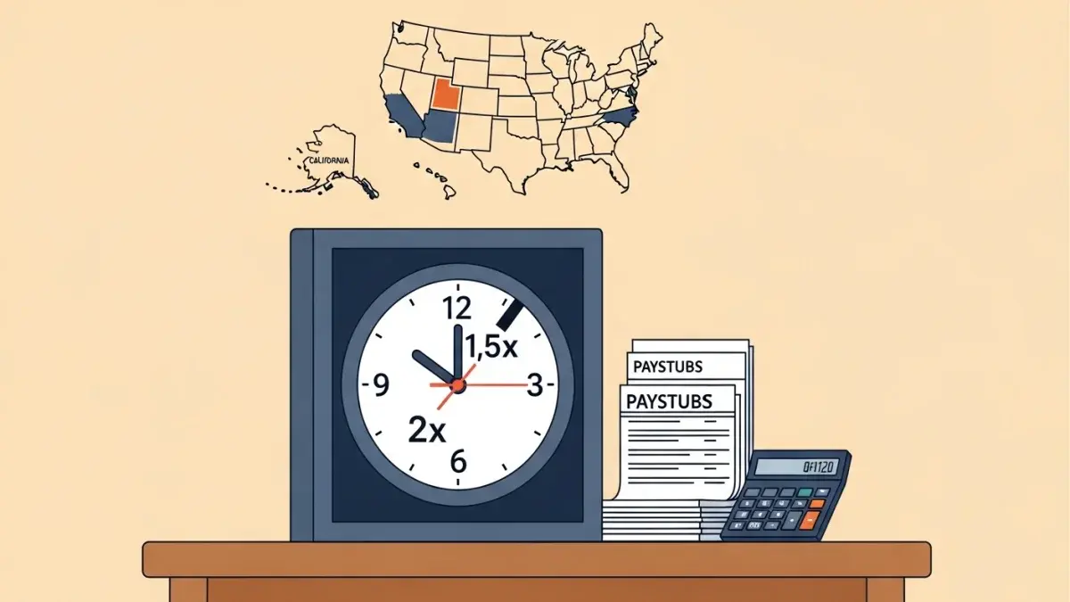 Editorial illustration of a wall clock with 1.5x and 2x markers, paystubs, and a US map showing daily-overtime states