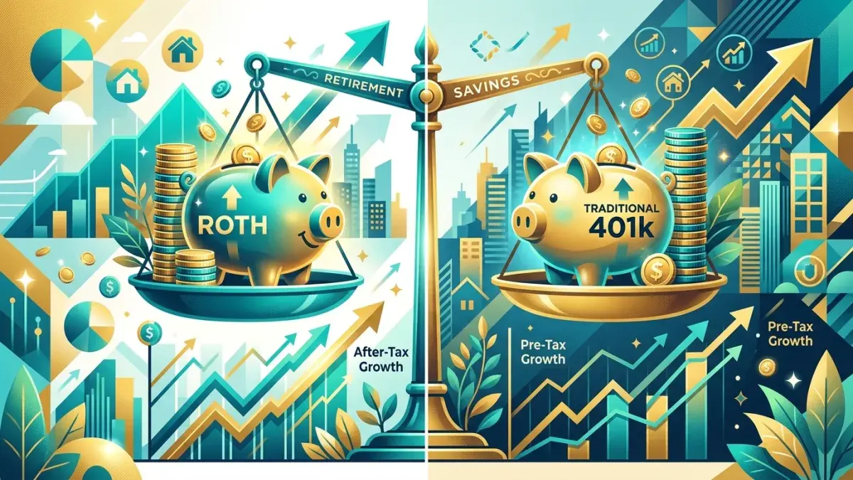 Balance scale weighing Roth and Traditional 401k piggy banks