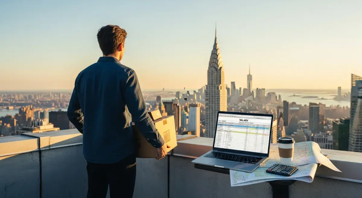 A young professional on a Manhattan rooftop at golden hour holding a laptop with a salary spreadsheet, the Chrysler Building visible in the distance
