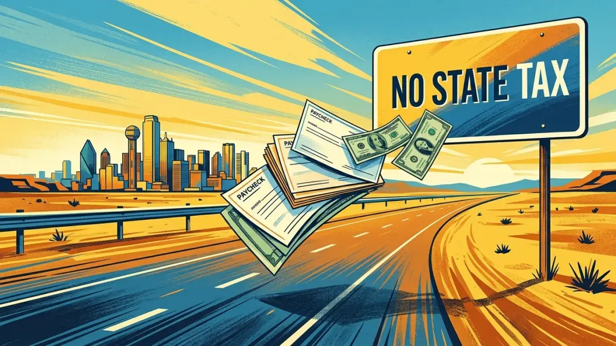 Texas take-home pay breakdown with Dallas skyline and paycheck stubs
