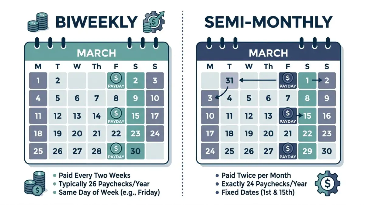 Side-by-side comparison of a biweekly pay calendar and a semi-monthly pay calendar