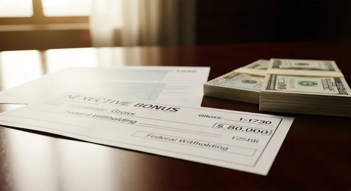 Executive bonus paystub and stack of $100 bills on a mahogany desk next to an IRS tax form