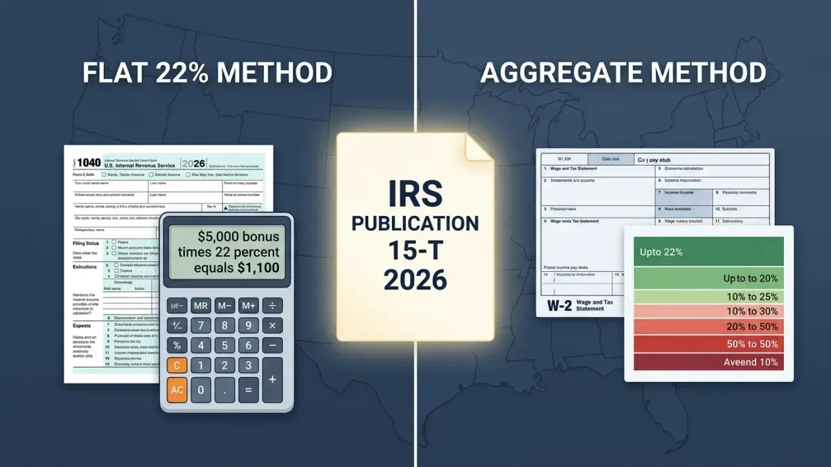 Split editorial illustration comparing the IRS flat 22% withholding method with a 1040 form and calculator on the left against the aggregate method with a W-2 pay stub and stacked tax brackets on the right, IRS Publication 15-T 2026 document glowing between them