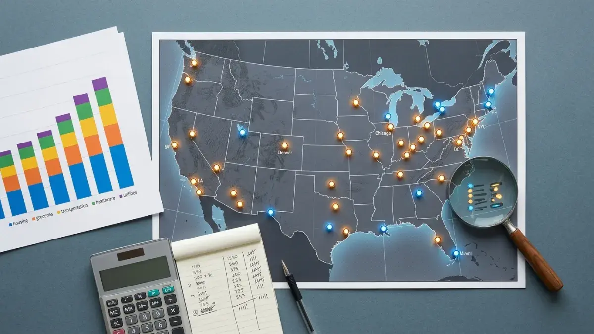US national map with 30 illuminated city markers, a stacked bar chart of cost-of-living sub-indexes (housing, groceries, transport, healthcare, utilities), a calculator, and a notepad with handwritten numbers