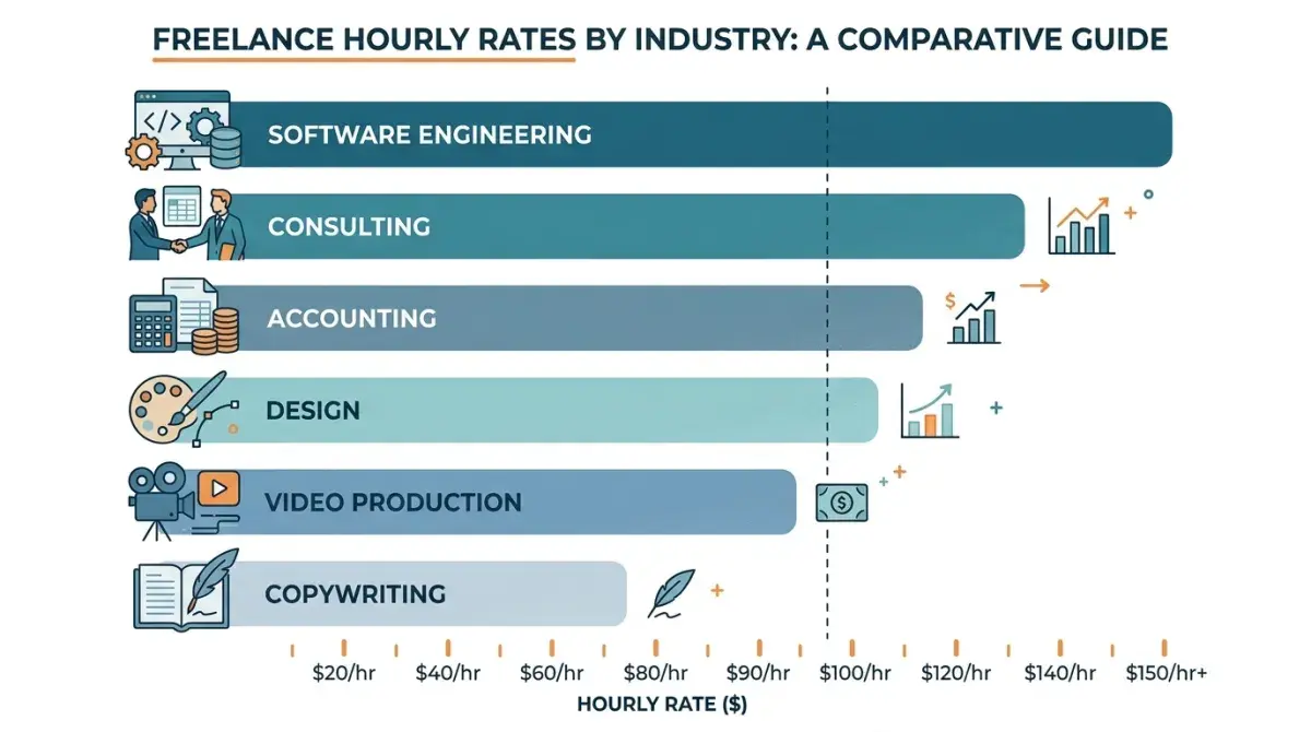 Comparison chart of freelance hourly rates by industry — software, design, writing, consulting, video production, accounting, and more