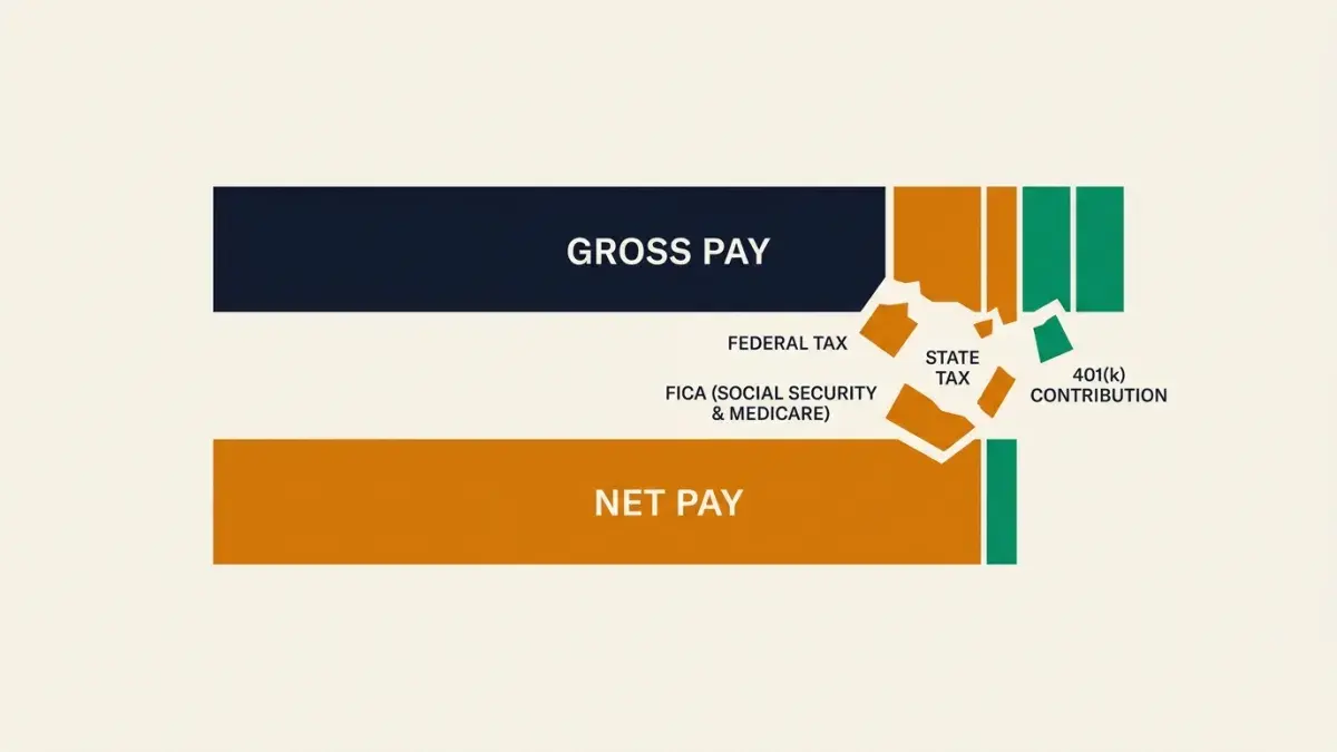 A gross pay bar shrinking to a shorter net pay bar as tax and benefit deductions peel off