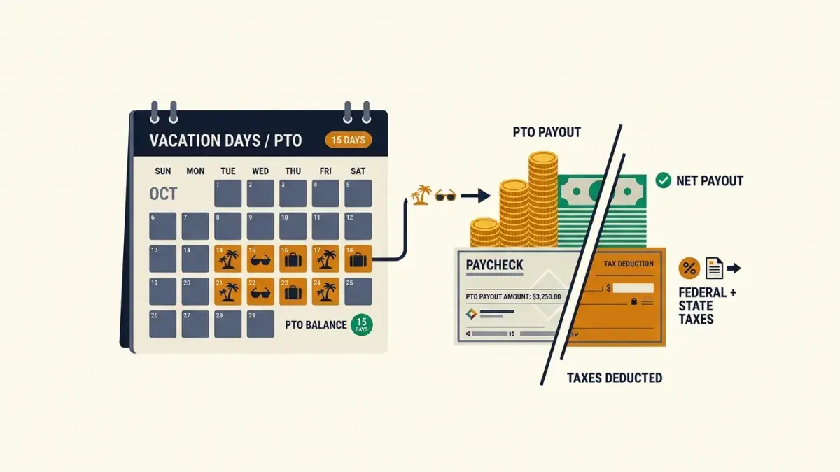 Unused vacation days on a calendar converting into coins and a paycheck with a tax slice deducted