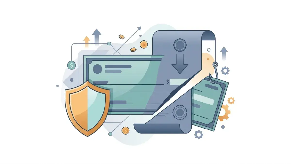 Illustration of a paycheck with a portion sliced away by a garnishment order, the rest protected under a shield