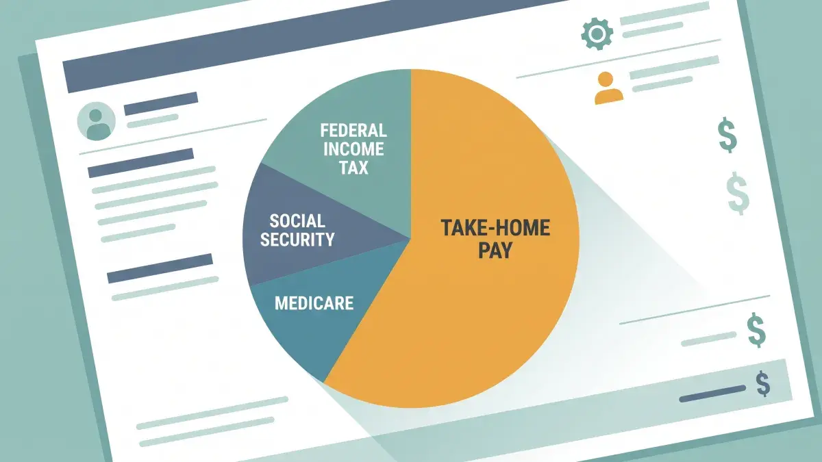 Pie chart of federal tax, Social Security, Medicare, and take-home pay on a paycheck