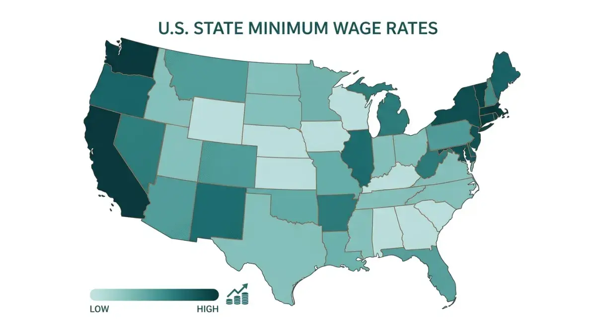 Stylized map of United States showing minimum wage levels by state with gradient color scale