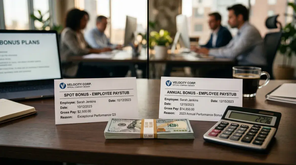 Two paystubs side by side on a corporate desk, one labeled spot bonus and one labeled annual bonus, with a calculator showing 22 percent and a stack of hundred-dollar bills