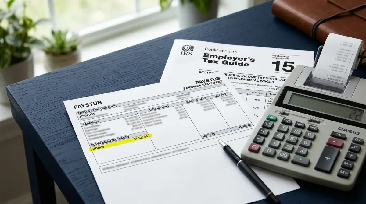 Paystub showing supplemental wages line item with IRS Publication 15 reference