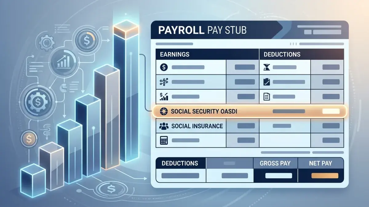 A pay stub with the OASDI/EE Social Security line highlighted
