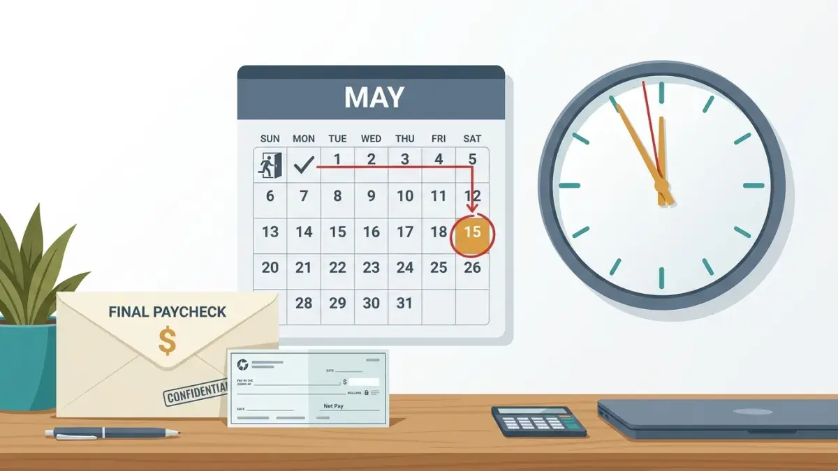Illustration of a final paycheck envelope beside a calendar and a wall clock marking the payment deadline