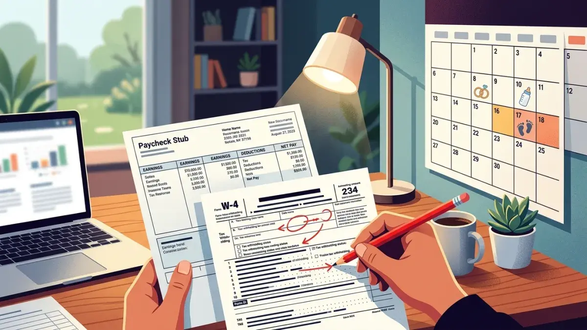 W-4 form being updated on a home office desk with life event calendar